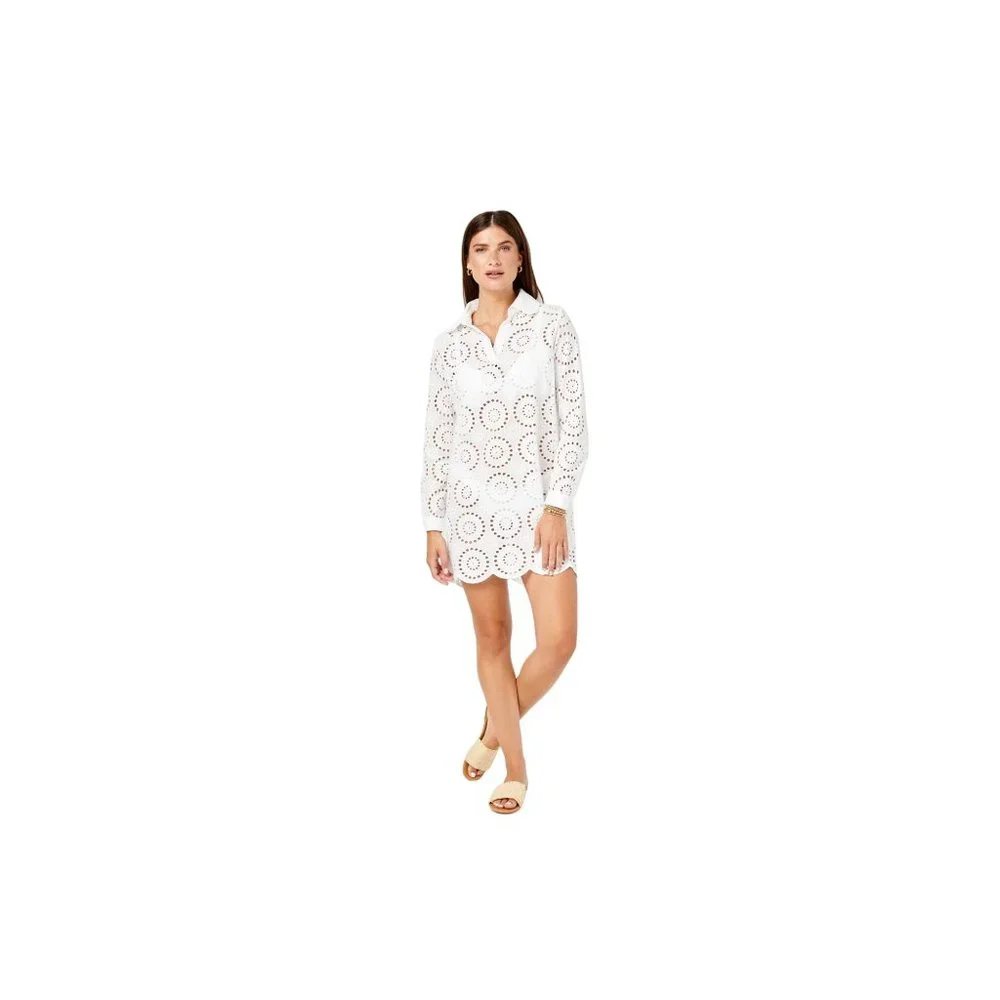 Cartolina Nantucket Beach Coverup Womens Large White Eyelet Dress Collared Pool_2